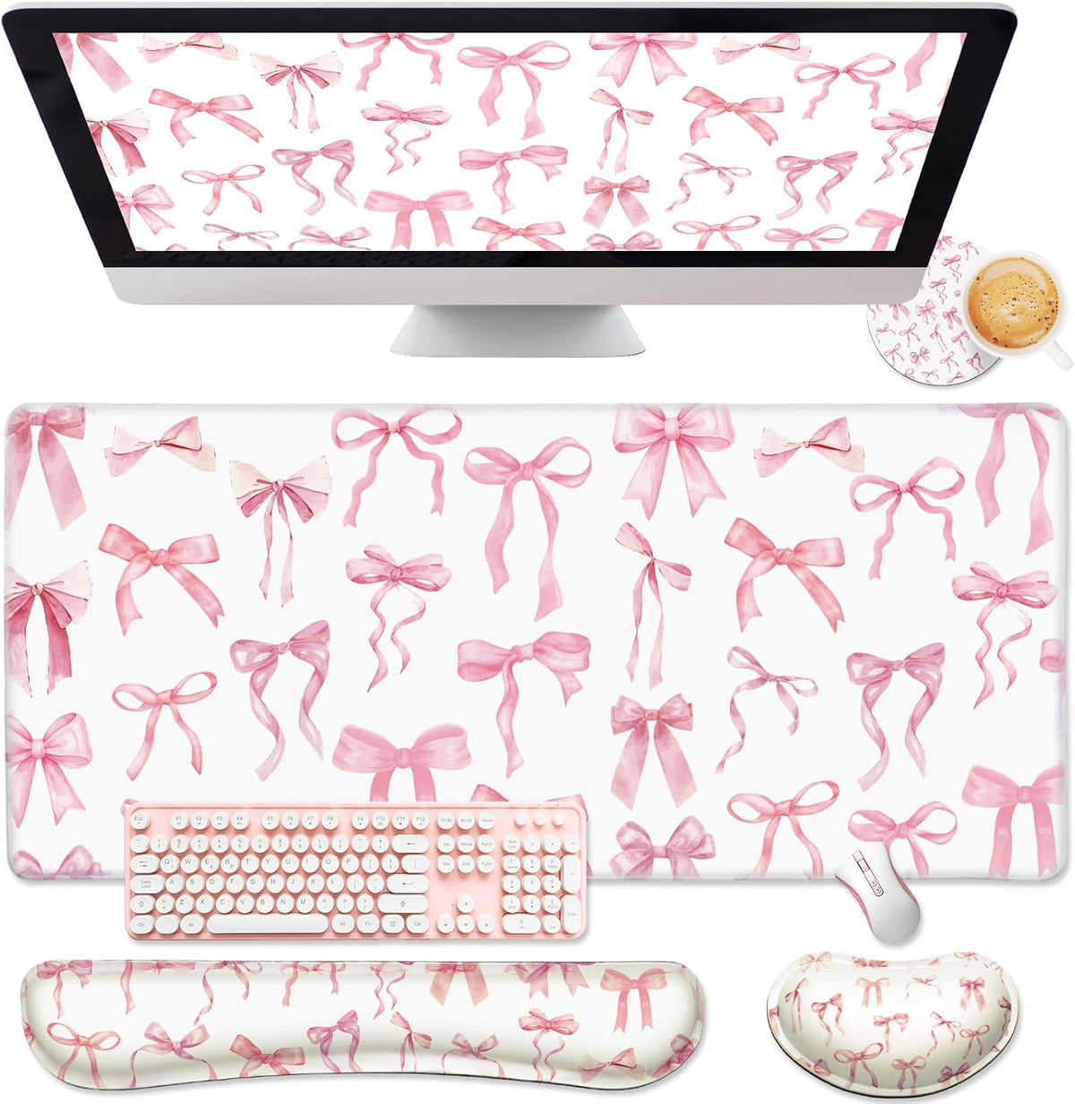 Relaxweex pink bow keyboard mat and mouse pad set front view