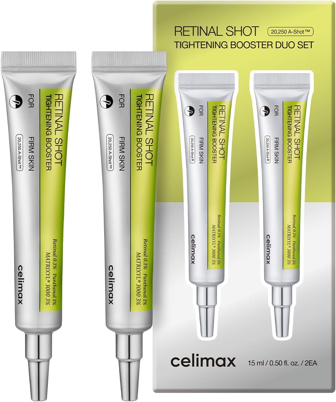 Side view of Celimax Vita A Tightening Booster showing the authentic batch details and dynamic peptide ingredient listing.