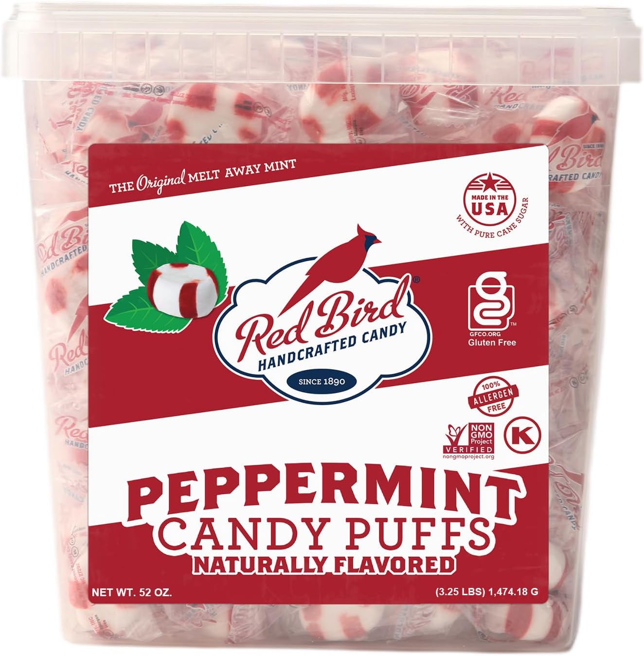 Red Bird Soft Peppermint Puffs Candy 52 Ounce Tub front view showing individual wrapped mints