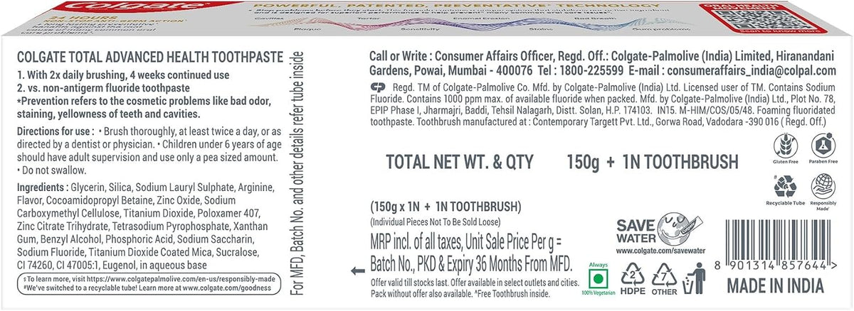 Colgate Total 150gm/5.2oz Advanced Health Toothpaste with 12-Hour Protection, Whole Mouth Health, (Combo Pack Offer, with A Premium Soft Toothbrush Free) - Image 9