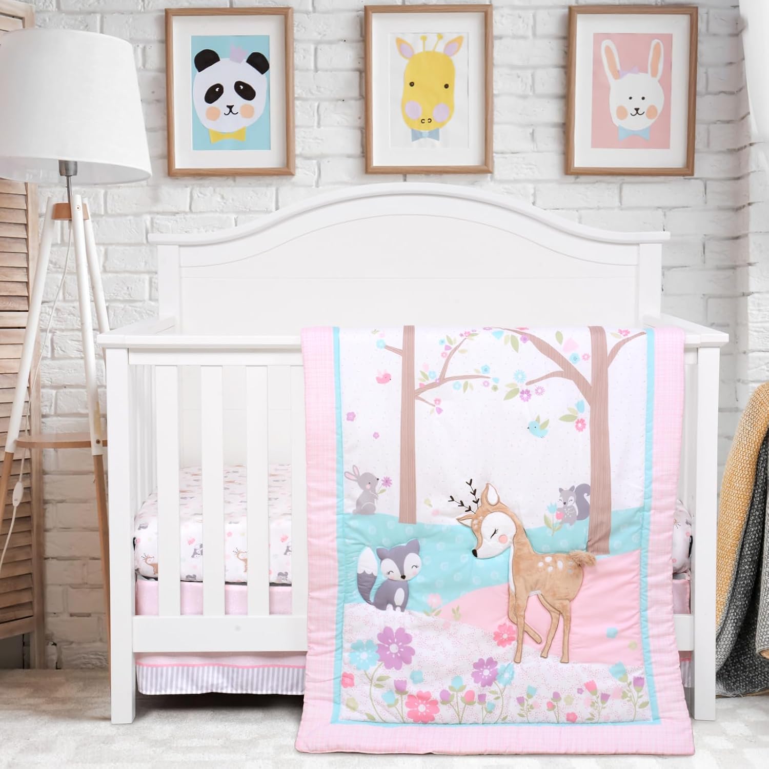 UOMNY woodland crib bedding set for girls front view showcasing the pink deer comforter and matching skirt