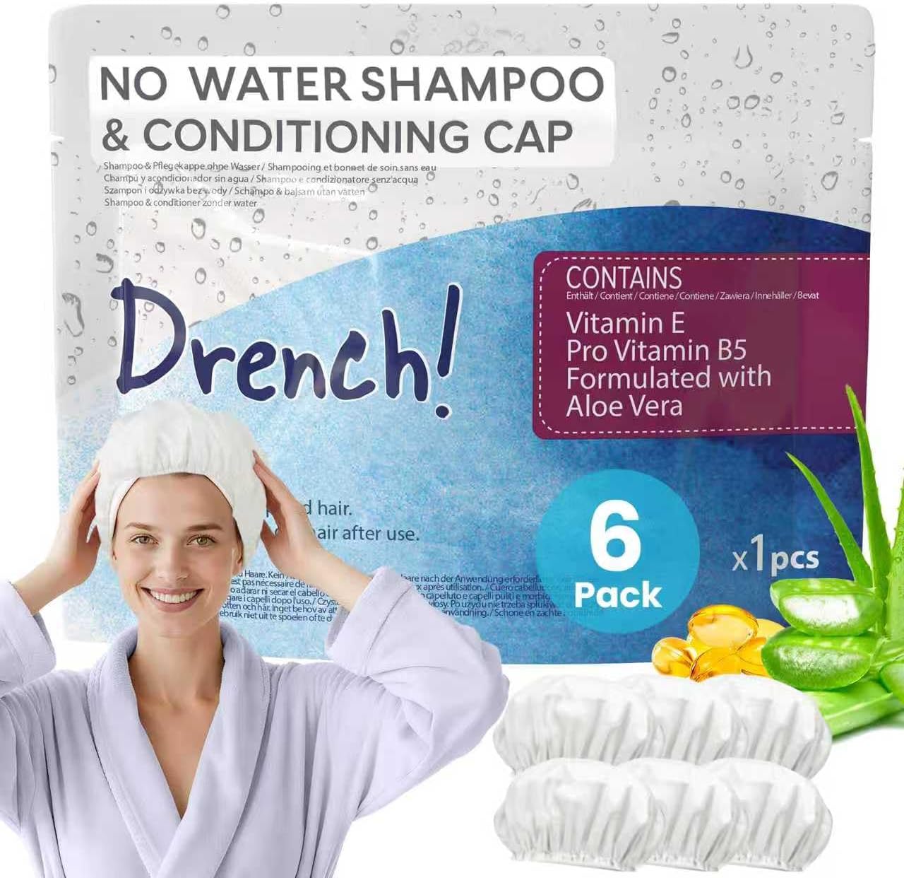 Drench Medical no rinse shampoo caps 6 pack front view