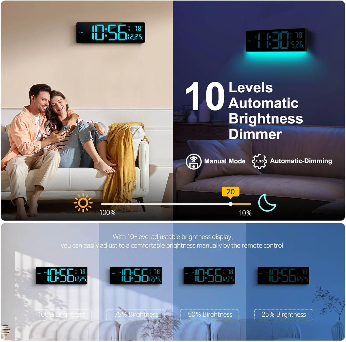 Hournor LED wall clock highlighting night light feature