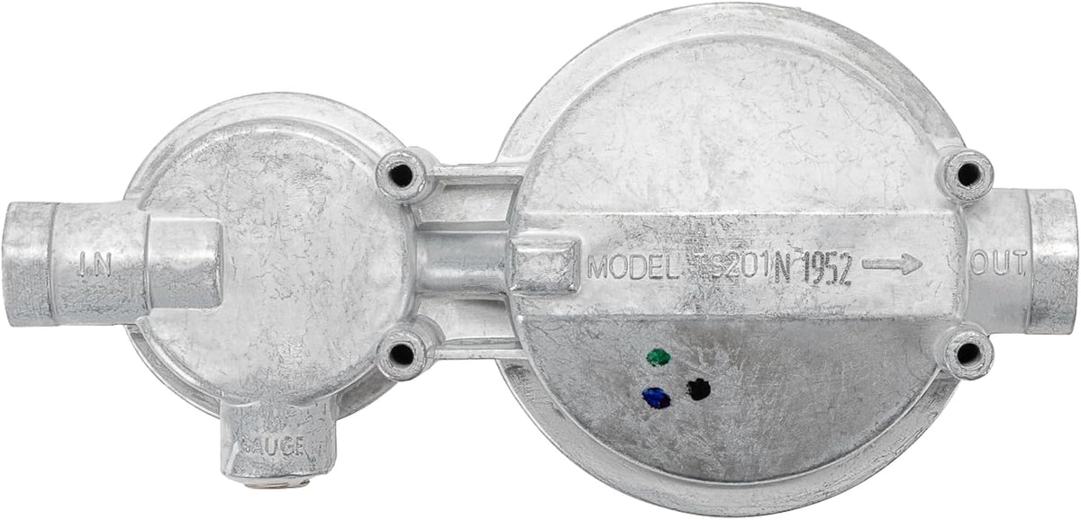 Top angle view of the two stage propane regulator body