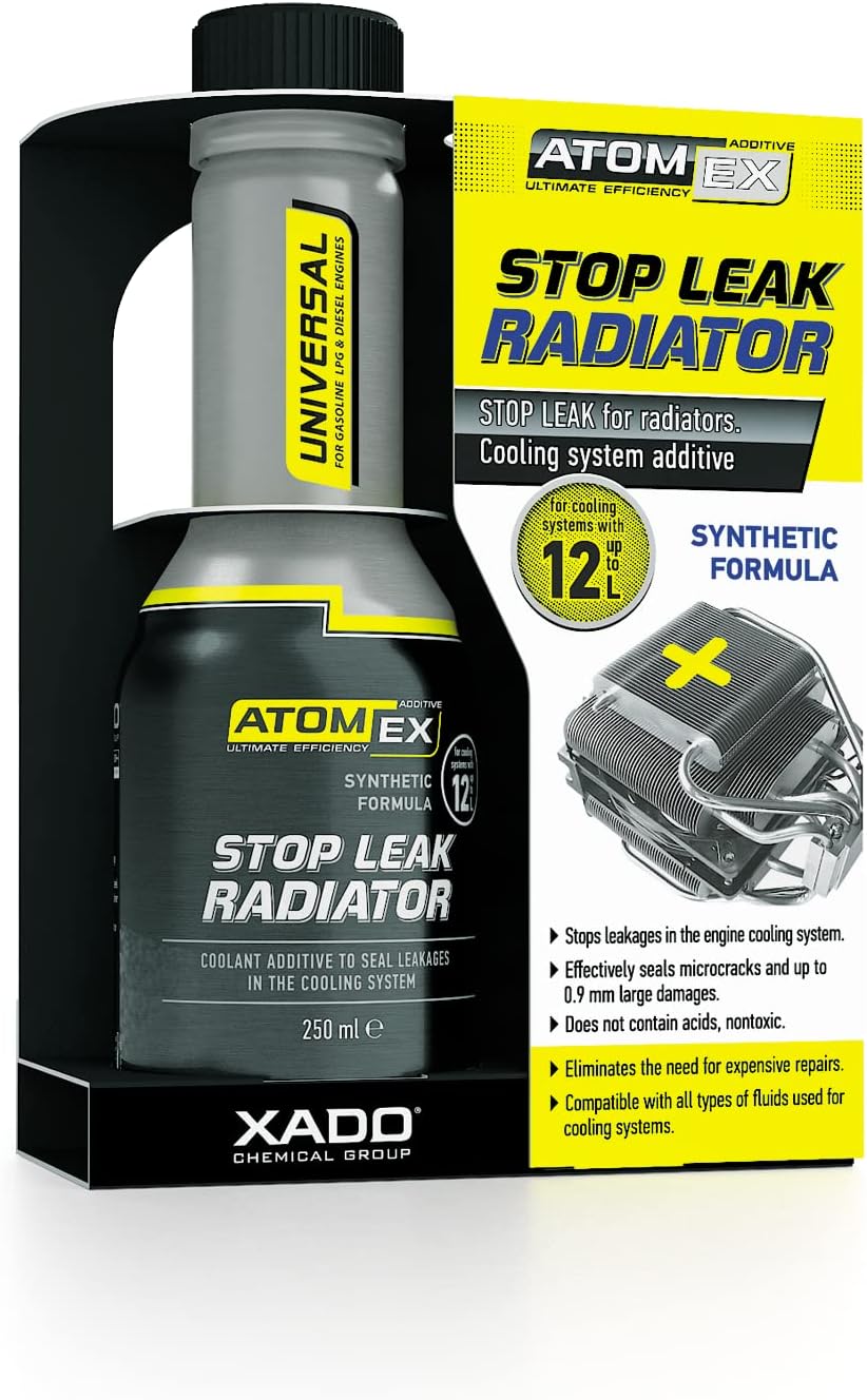 XADO ATOMEX Stop Leak Radiator Coolant Additive 250 milliliter bottle front view showcasing professional engine sealant packaging.