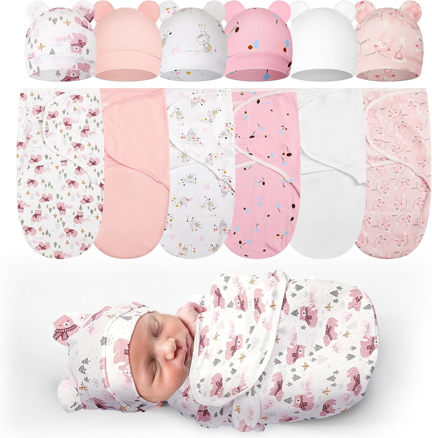 Ramede 6 pack preemie swaddle blanket and hat set front view