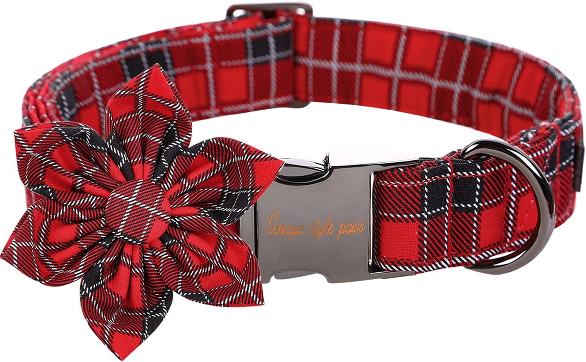 Unique Style Paws buffalo plaid dog collar folded layout view.