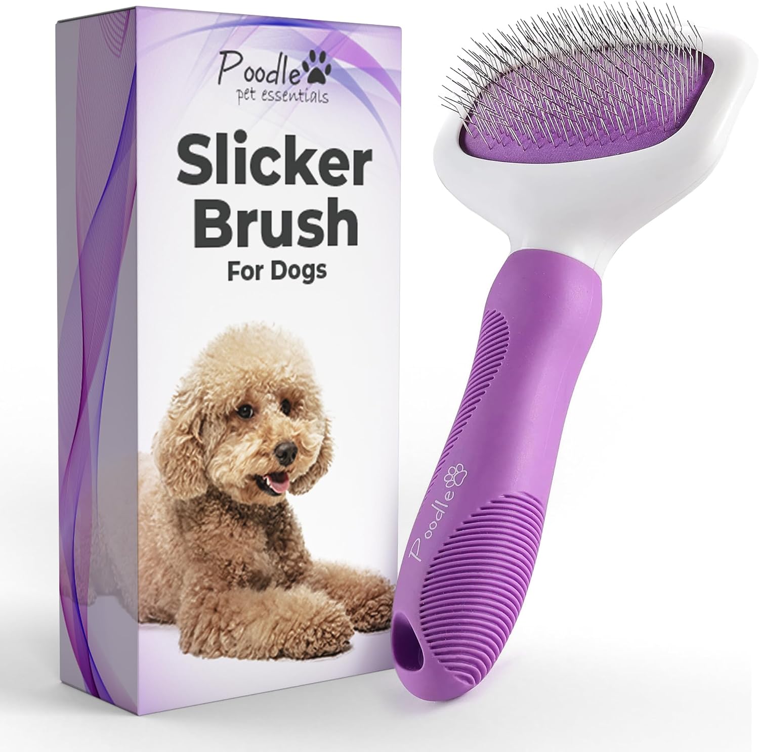 Poodlie Poodle Pet Slicker Brush front view of purple grooming tool with ergonomic handle.
