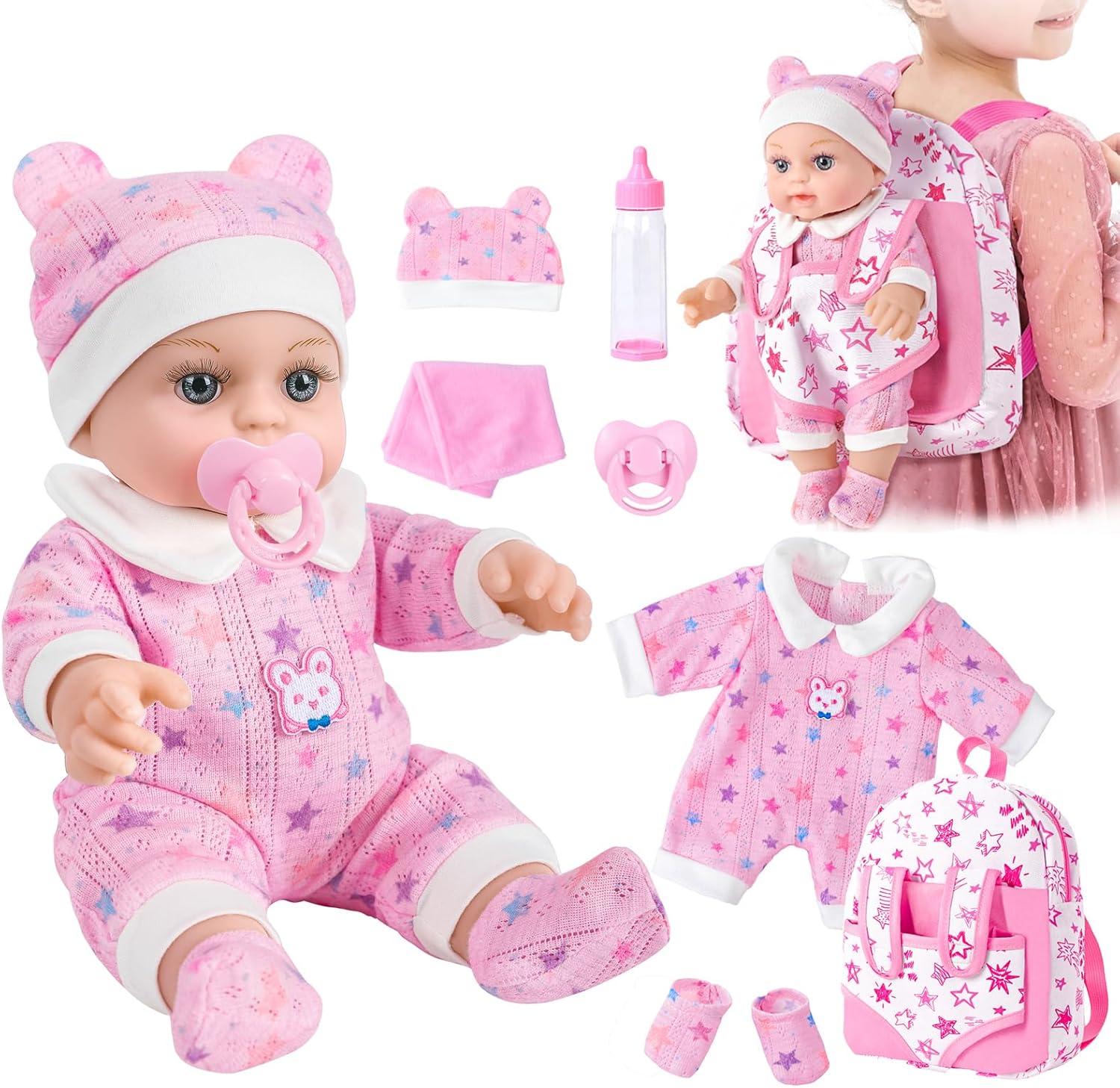 BDDOLL twelve inch baby doll gift box front view featuring pink backpack and accessories