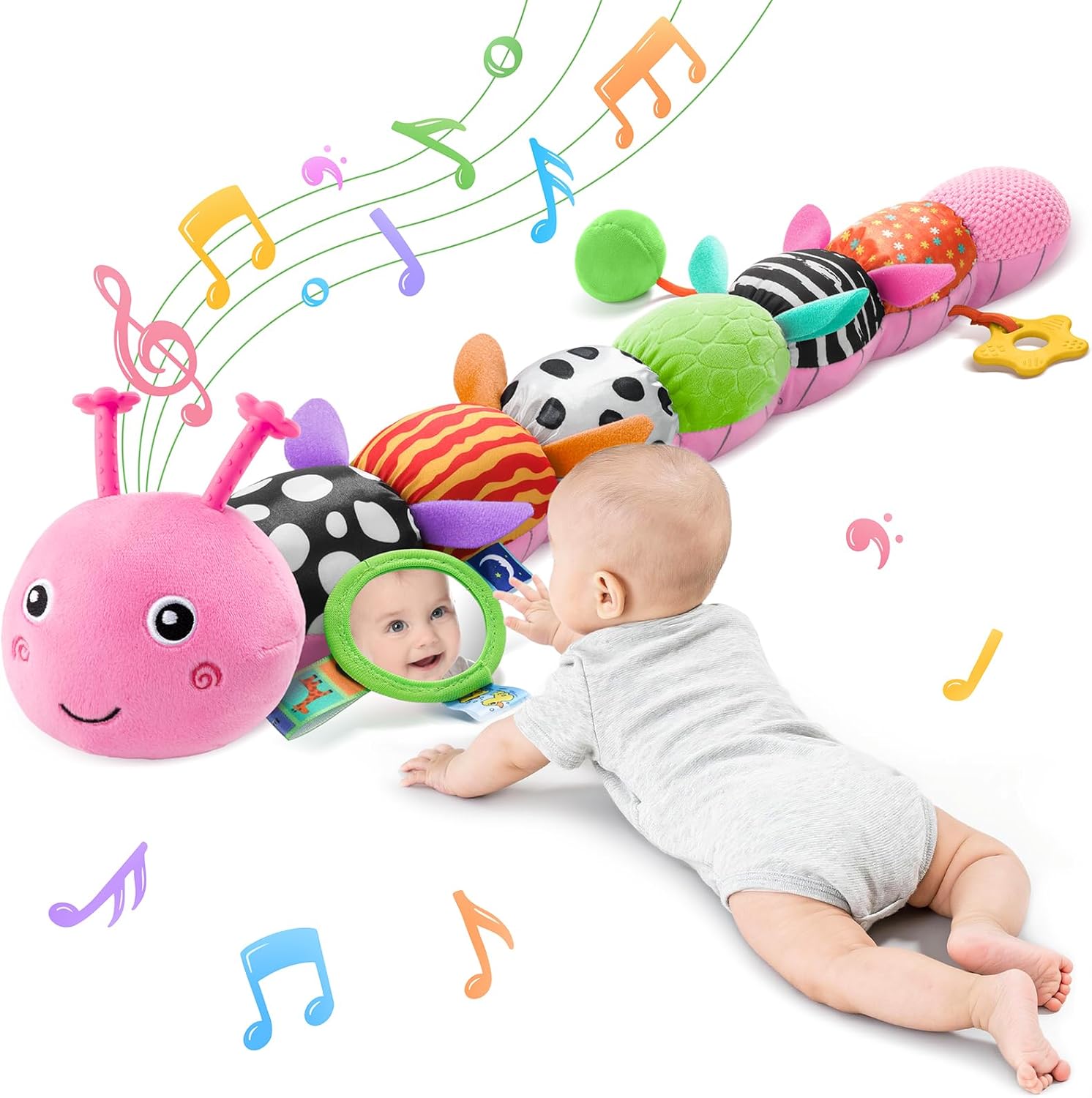 Topsochir baby sensory musical caterpillar toy front view highlighting the pink plush head and textured body segments.