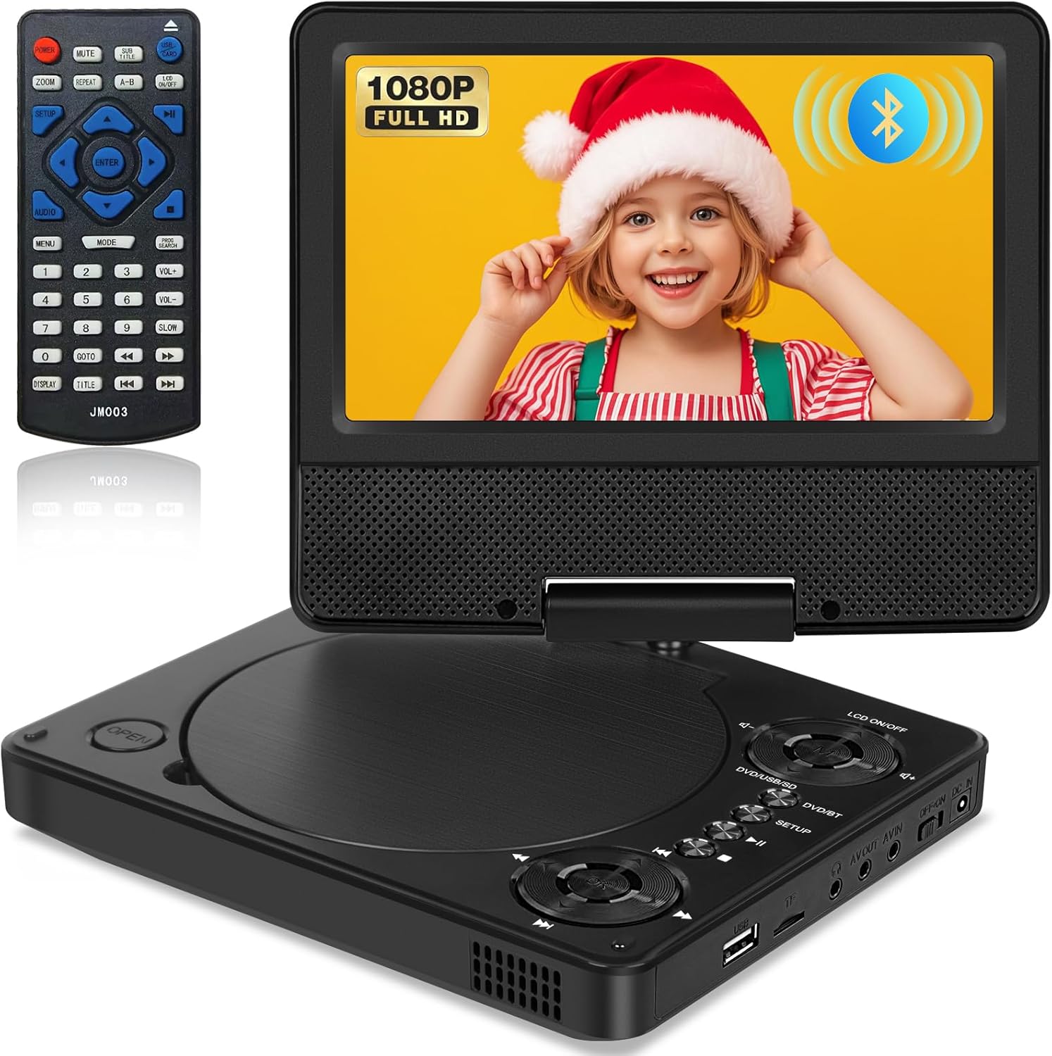 HotHat portable DVD player front view showing the swivel screen displaying animated content for kids.
