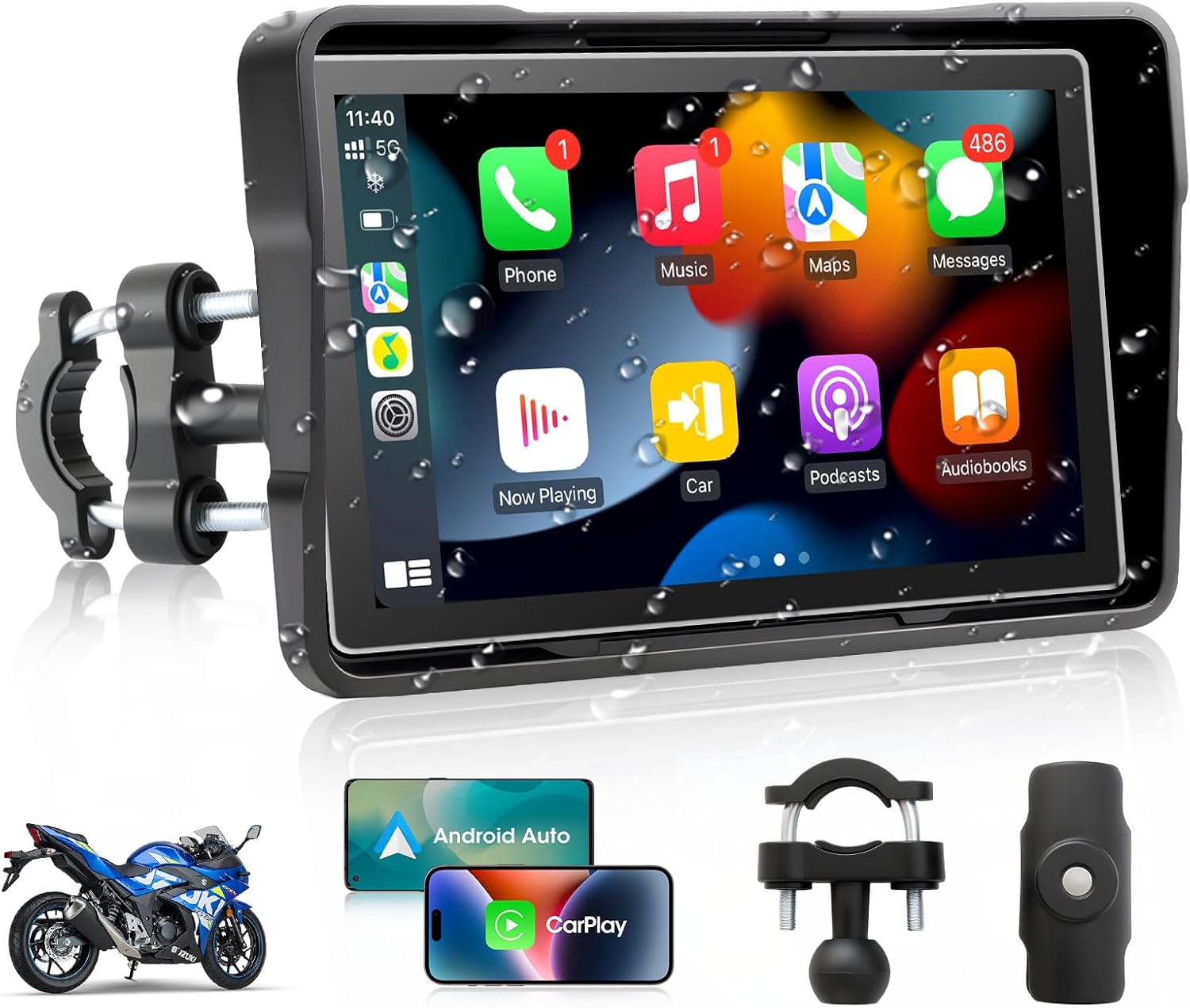 Jelkuz five inch motorcycle carplay gps navigation system mounted on bike handlebars front view