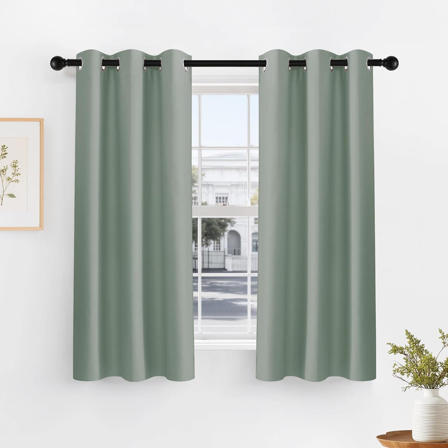 PONY DANCE Sage Green Kitchen Curtains front view hanging on a standard metal rod.