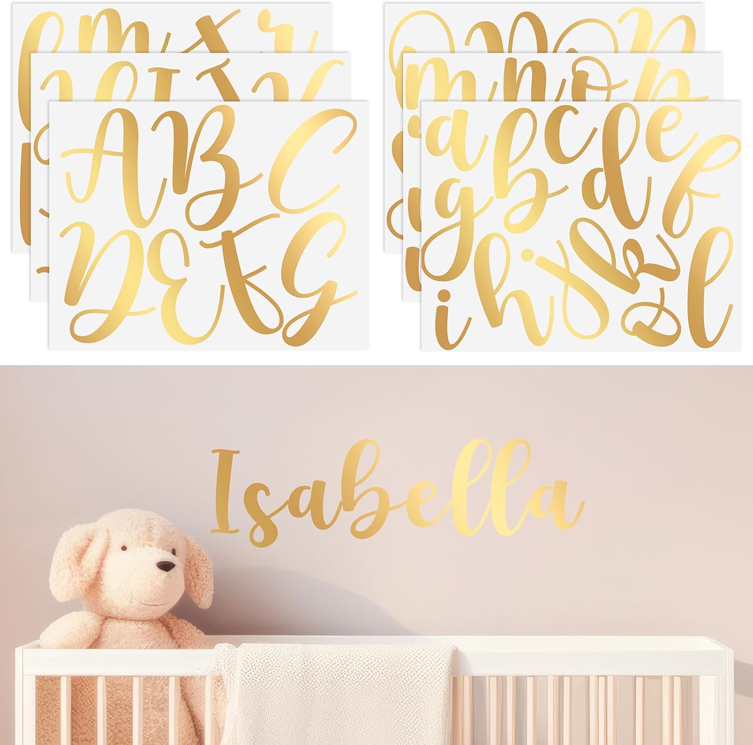 Boao gold alphabet custom name stickers package front view showcasing cursive lettering style.