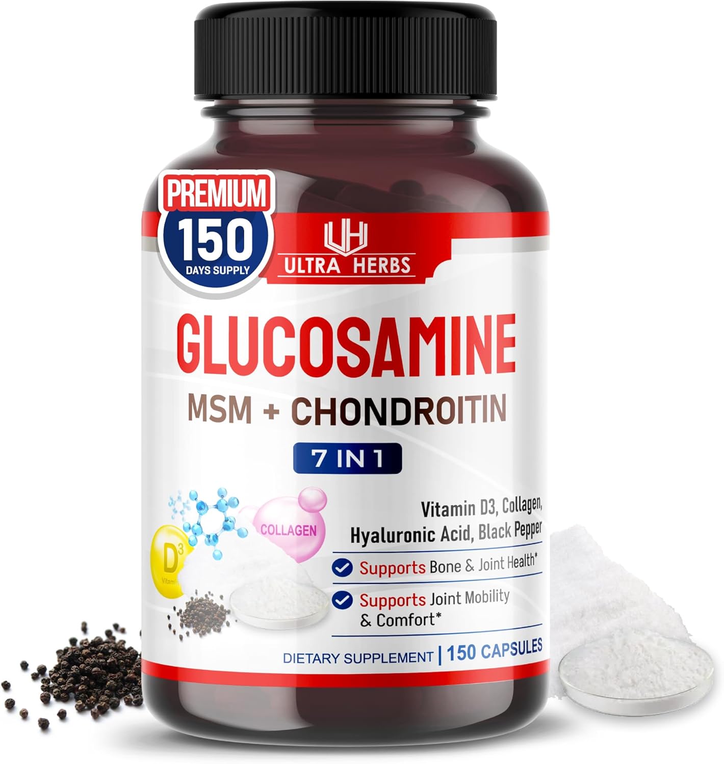 Glucosamine Chondroitin MSM - Joint Mobility Support Supplement Enhanced with Collagen, Hyaluronic Acid, Vitamin D3 | 150 Capsules - Image 1