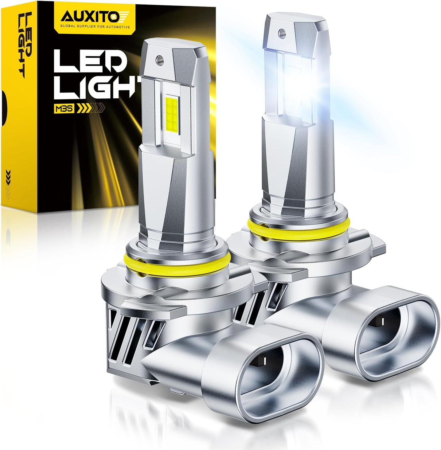 AUXITO 9005 HB3 LED headlight bulbs front view showcasing the sixteen top-tier chip alignment.