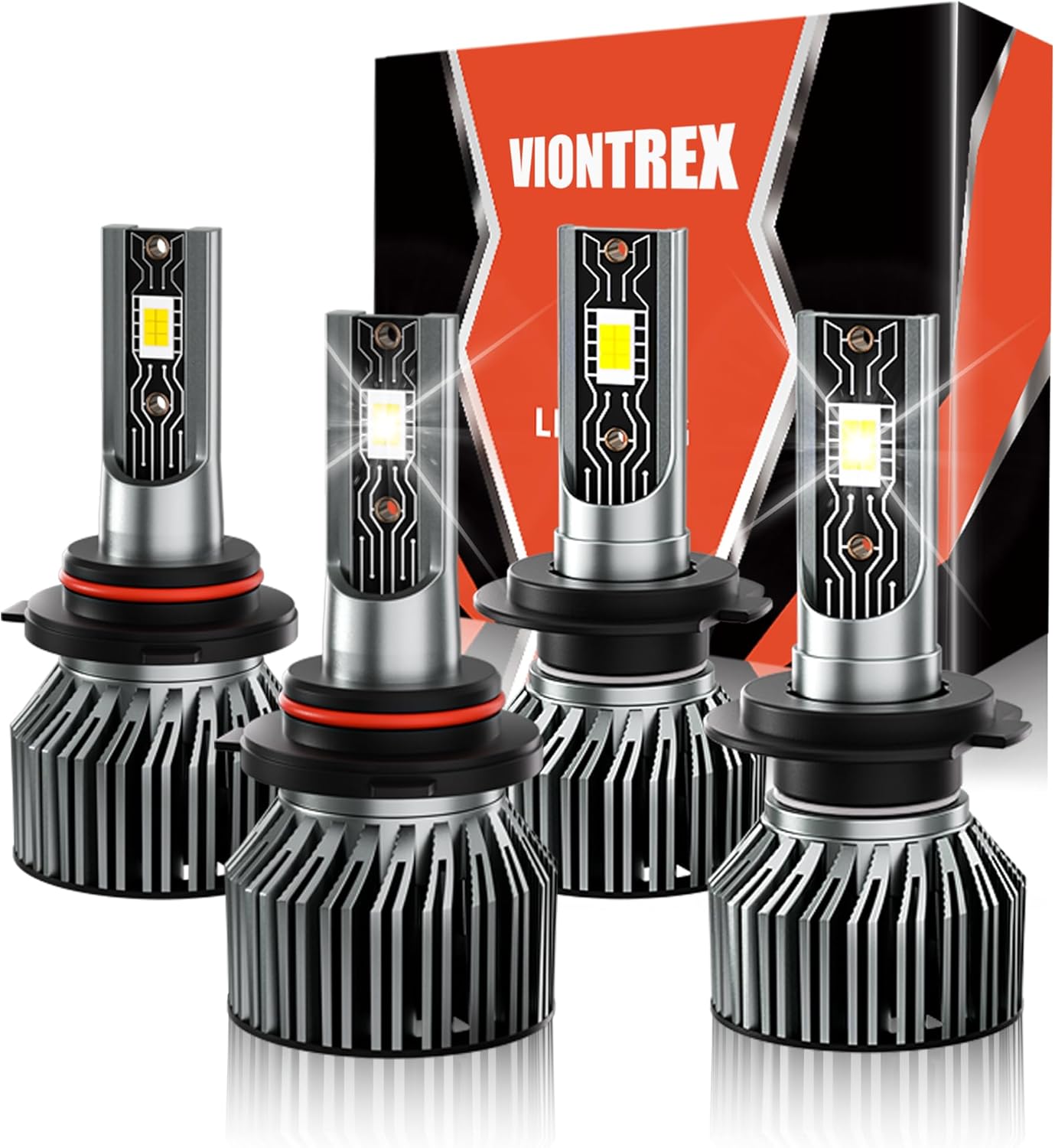Viontrex LED headlight bulbs pack front view displaying four premium replacement car lamps