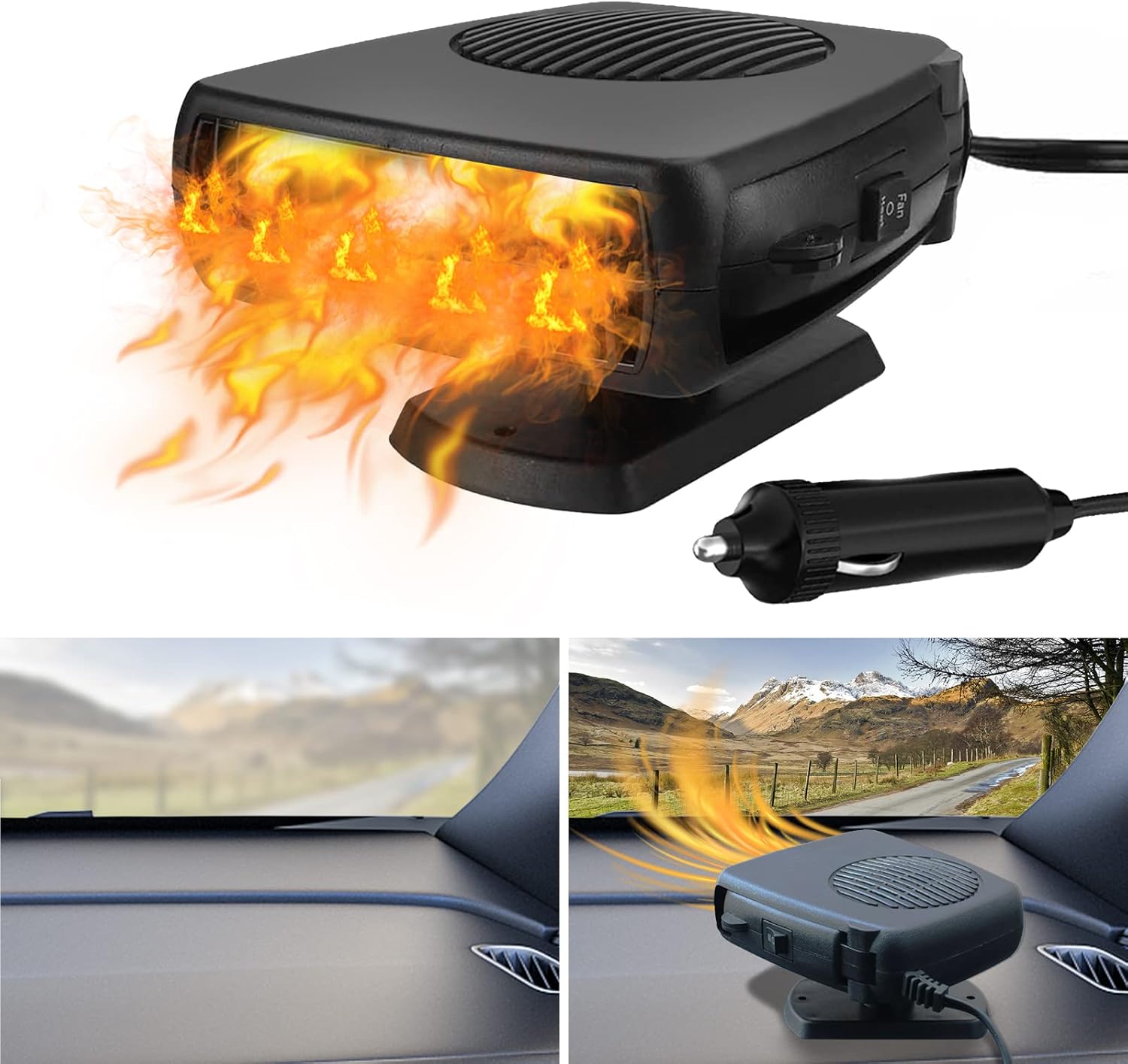 Qidoe 12V 200W Portable Car Heater front view showcasing the black compact body and dual mode switch controls.