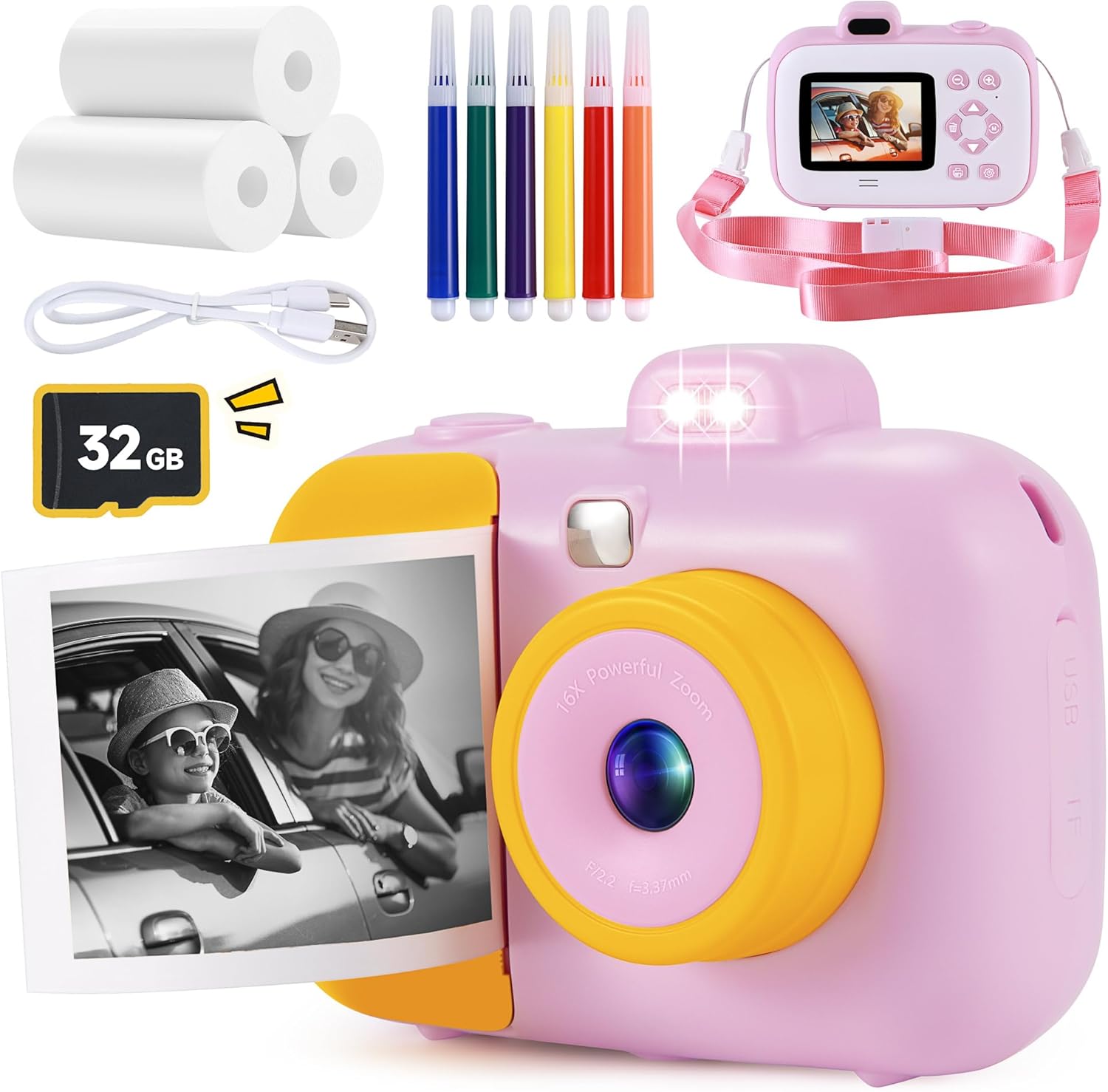 Yeehao kids instant print camera front view with pink and yellow design