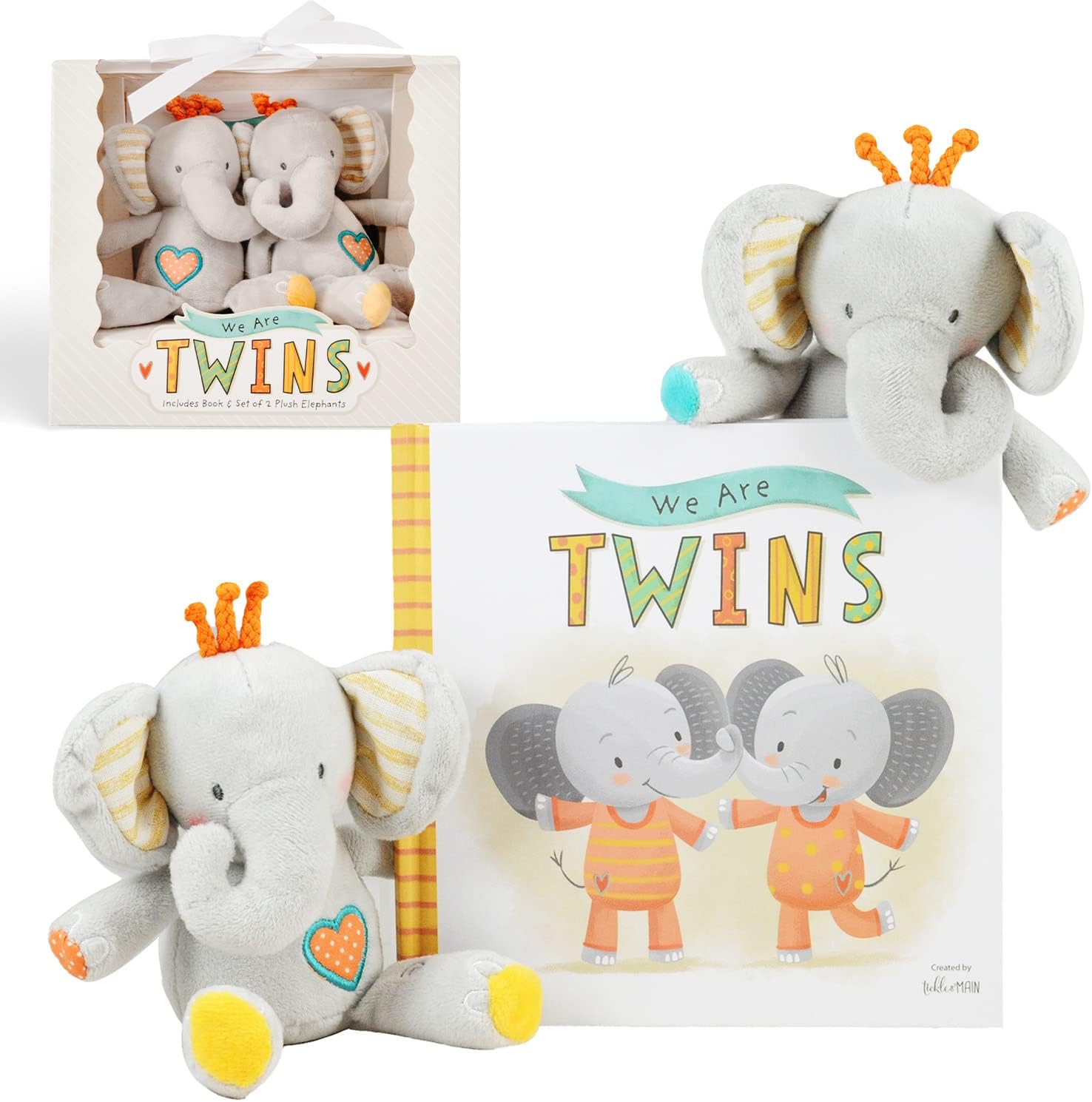 Tickle and Main We Are Twins baby gift set front view showing the window packaging box with white ribbon.