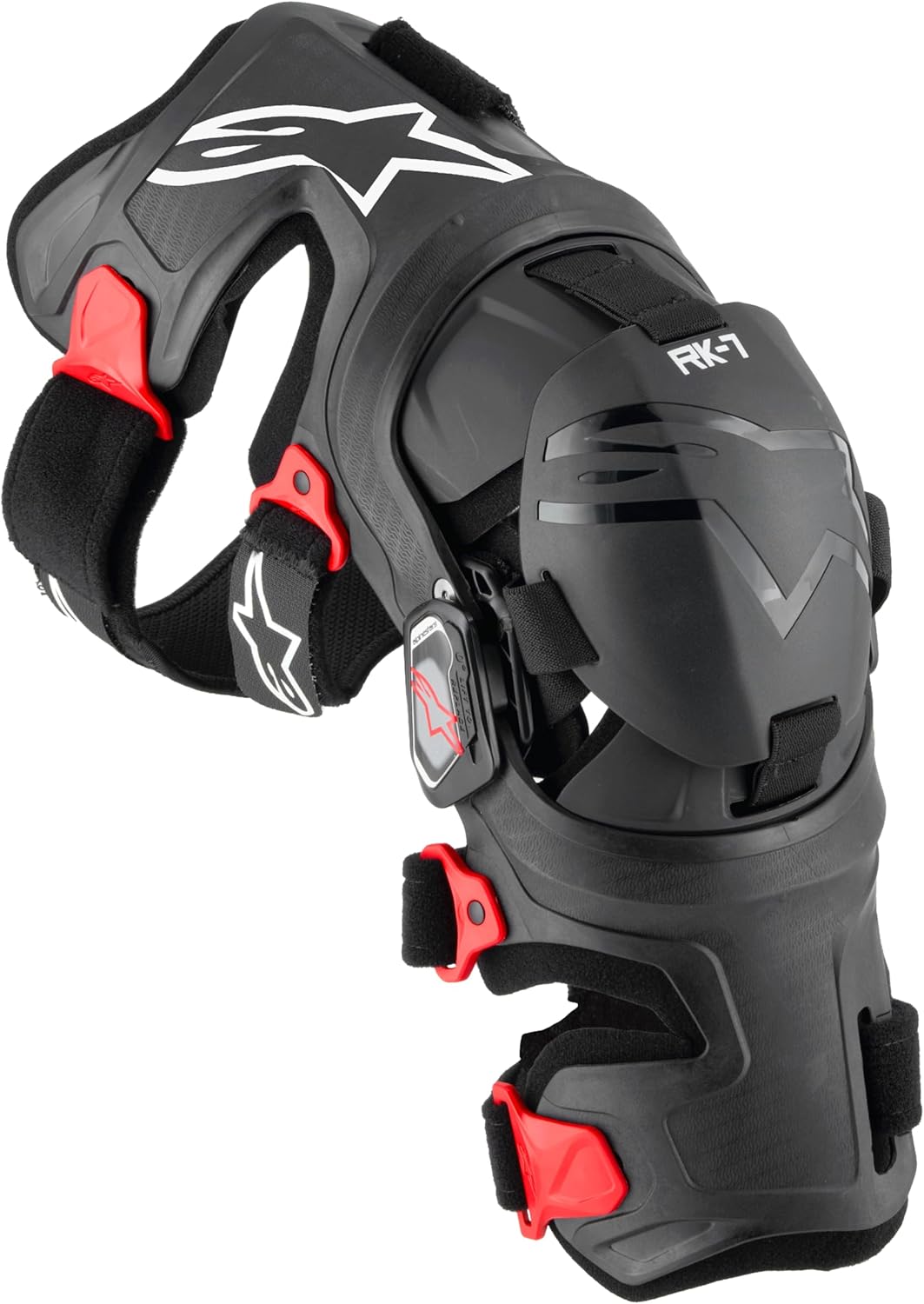 Alpinestars RK-7 Plasma Knee Braces front view showcasing the black and red asymmetric fiber-reinforced frame and triple segmented knee cups.