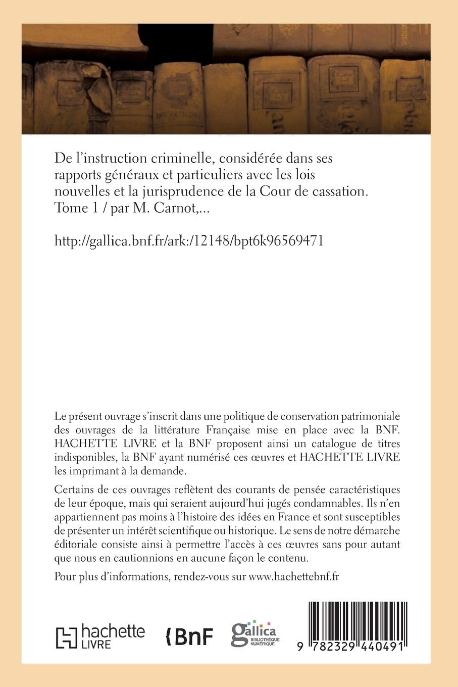 French Edition De L'Instruction Criminelle Tome 1 historical book cover detail
