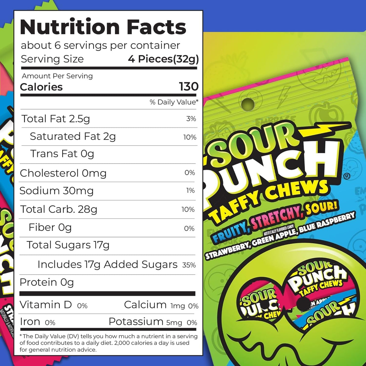 Sour Punch chewy candy individual wrapped pieces strawberry blue raspberry green apple