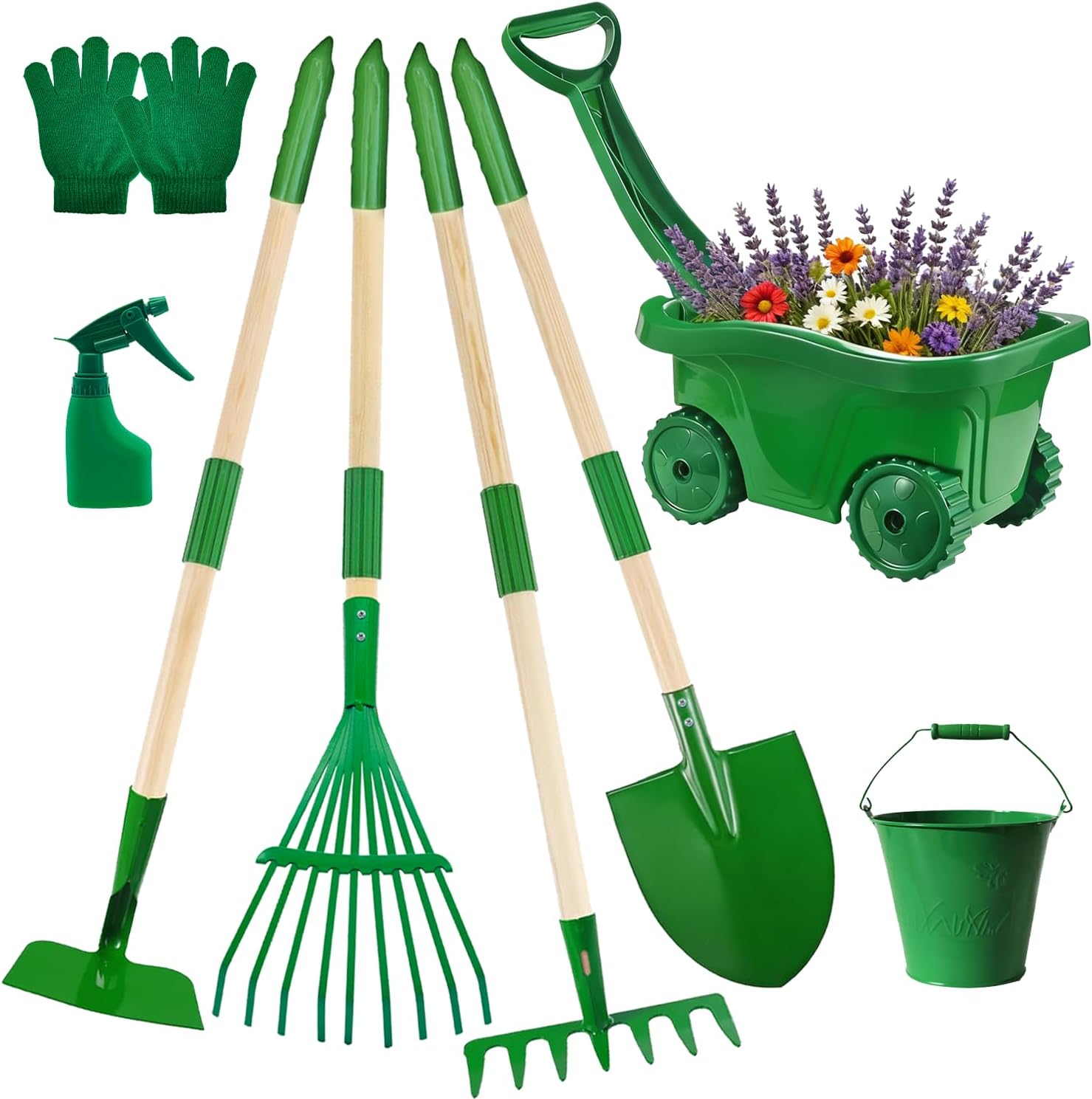 Aka Supaku kids gardening tools set front view showing green wheelbarrow and wooden tools.