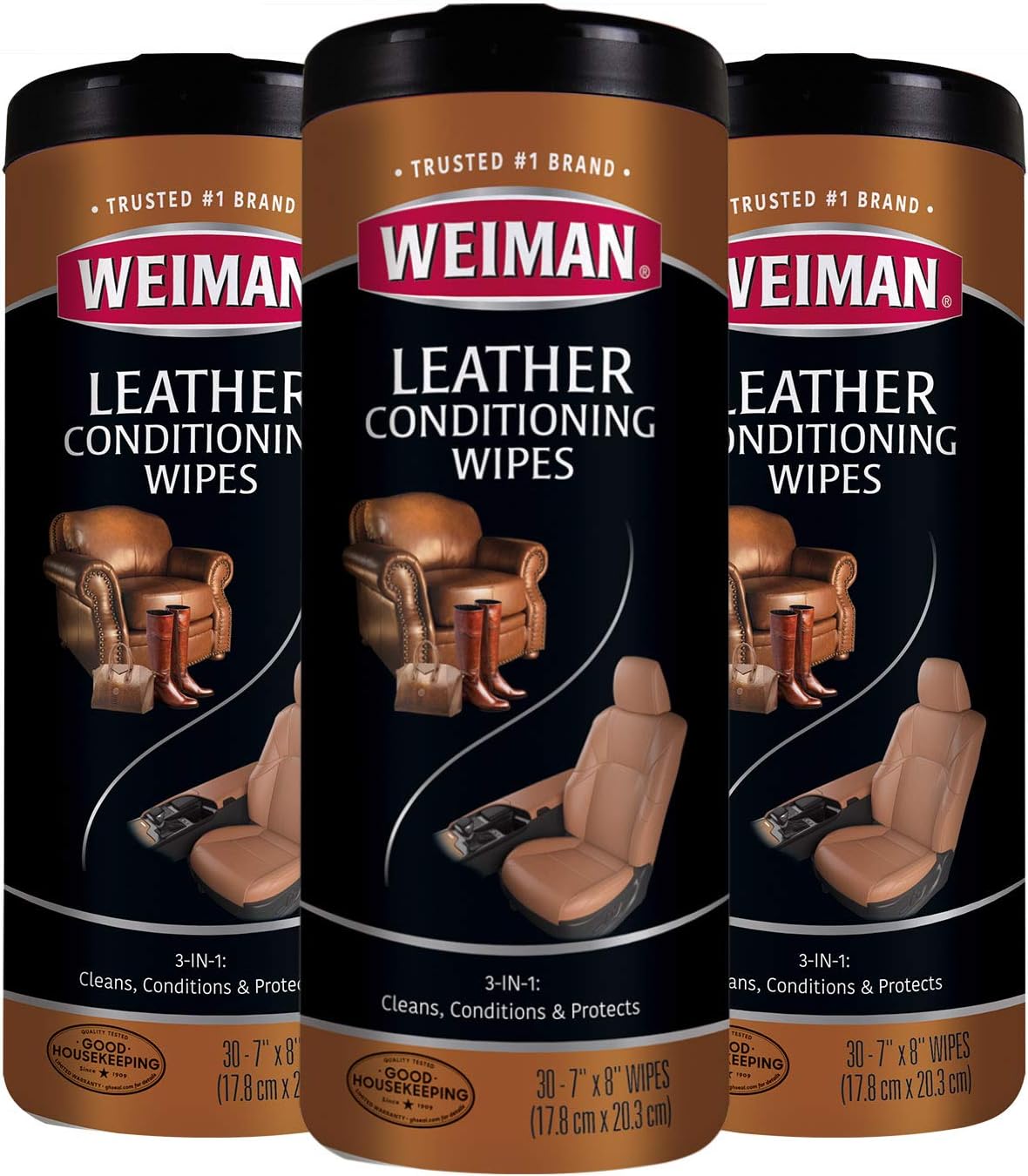 Weiman Leather Wipes - 3 Pack - Clean, Condition, Ultra Violet Protection Help Prevent Cracking or Fading of Leather Furniture, Car Seats and Interior, Shoes - Image 1