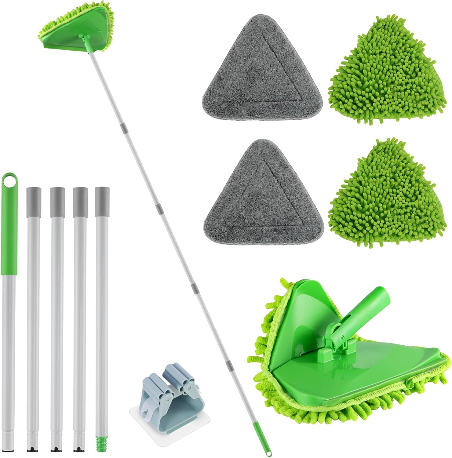 RONSUNG wall cleaner triangle mop green front view showcasing the extendable long handle and triangular head.