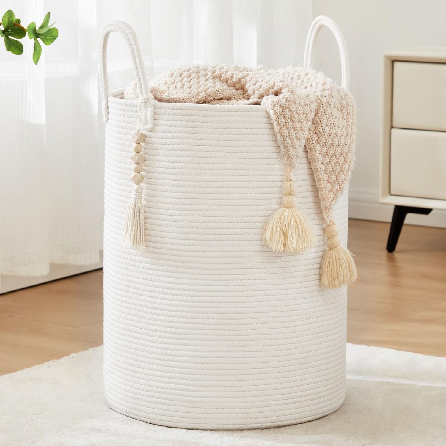 Fiona's Magic woven rope laundry hamper white front view