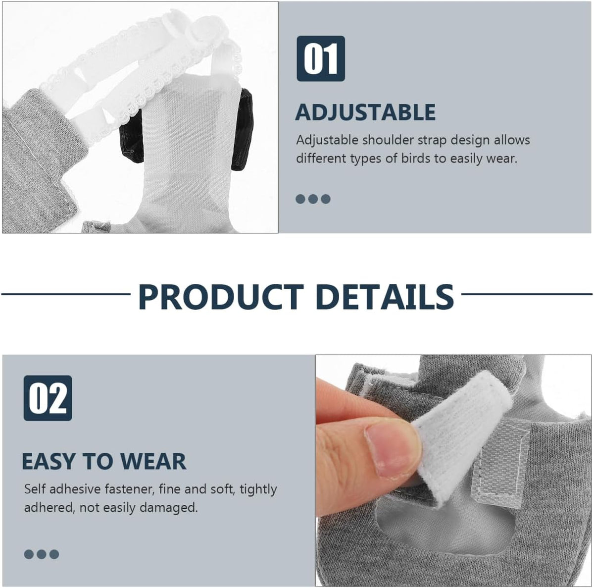Balacoo decorative bird clothes illustrating the secure hook and loop fastener system on the back closure.