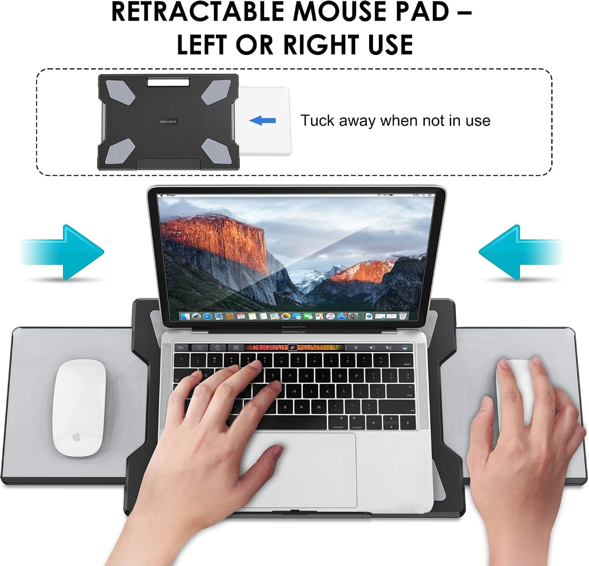 DeskLogics couch laptop holder highlighting anti-slip rubber grip pads.