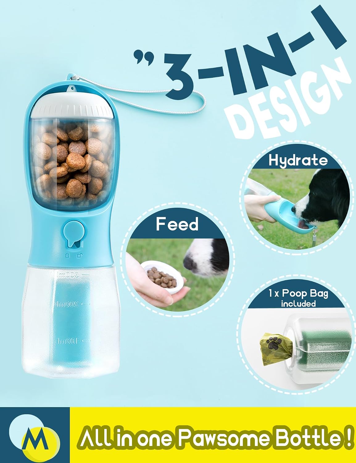 MoonyMars pet travel water bottle showing 3-in-1 design features