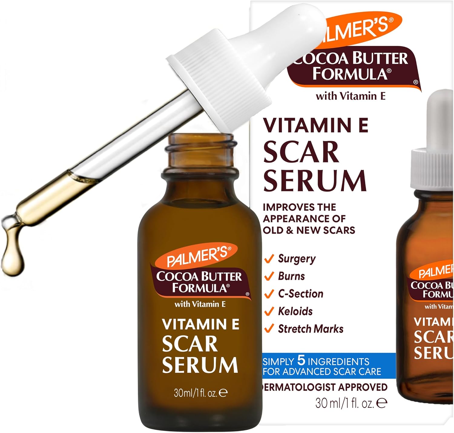 Palmers cocoa butter vitamin e scar serum front view bottle