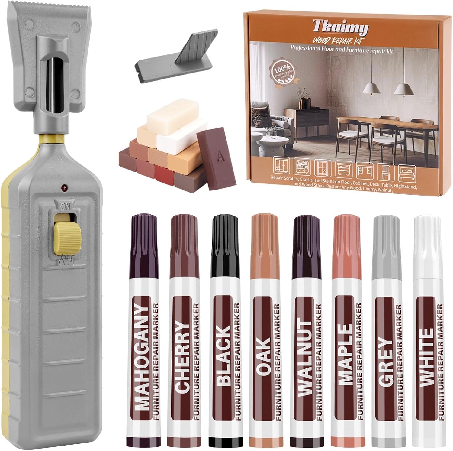 Tkaimy Laminate Floor Repair Kit front view showing heat pen and 11 wax blocks