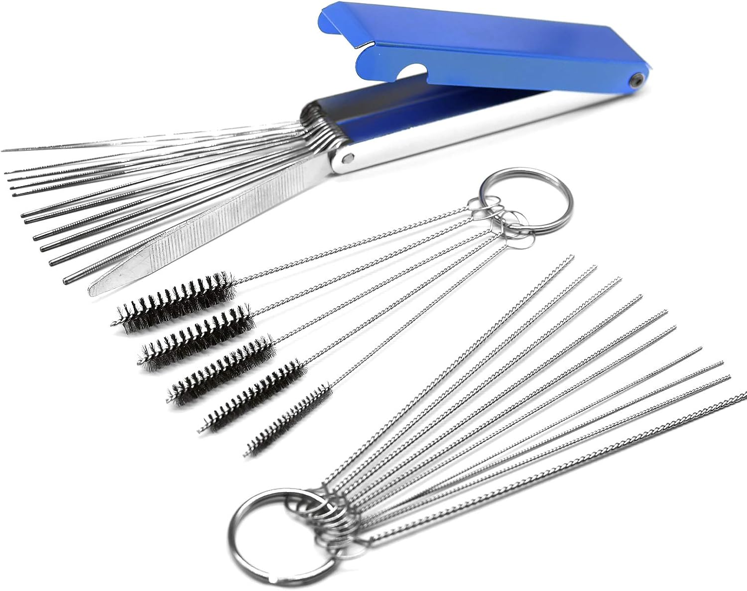 Teoenix Carburetor Carbon Dirt Jet Cleaning Tool Kit front view showcasing the complete set of wires needles and brushes.