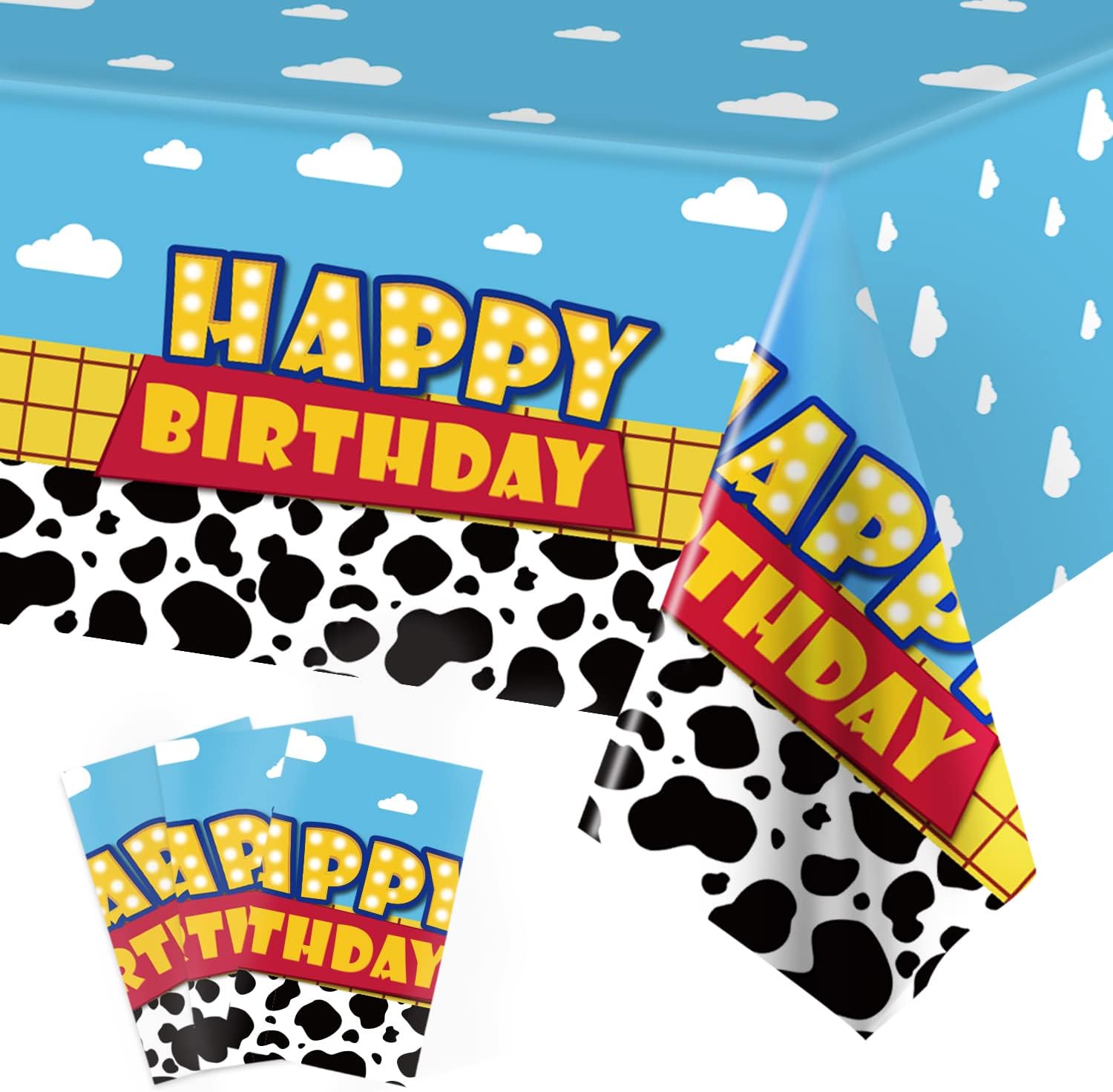 Ragnhild cartoon story birthday party tablecloth front view showing cow print and cloud pattern layout