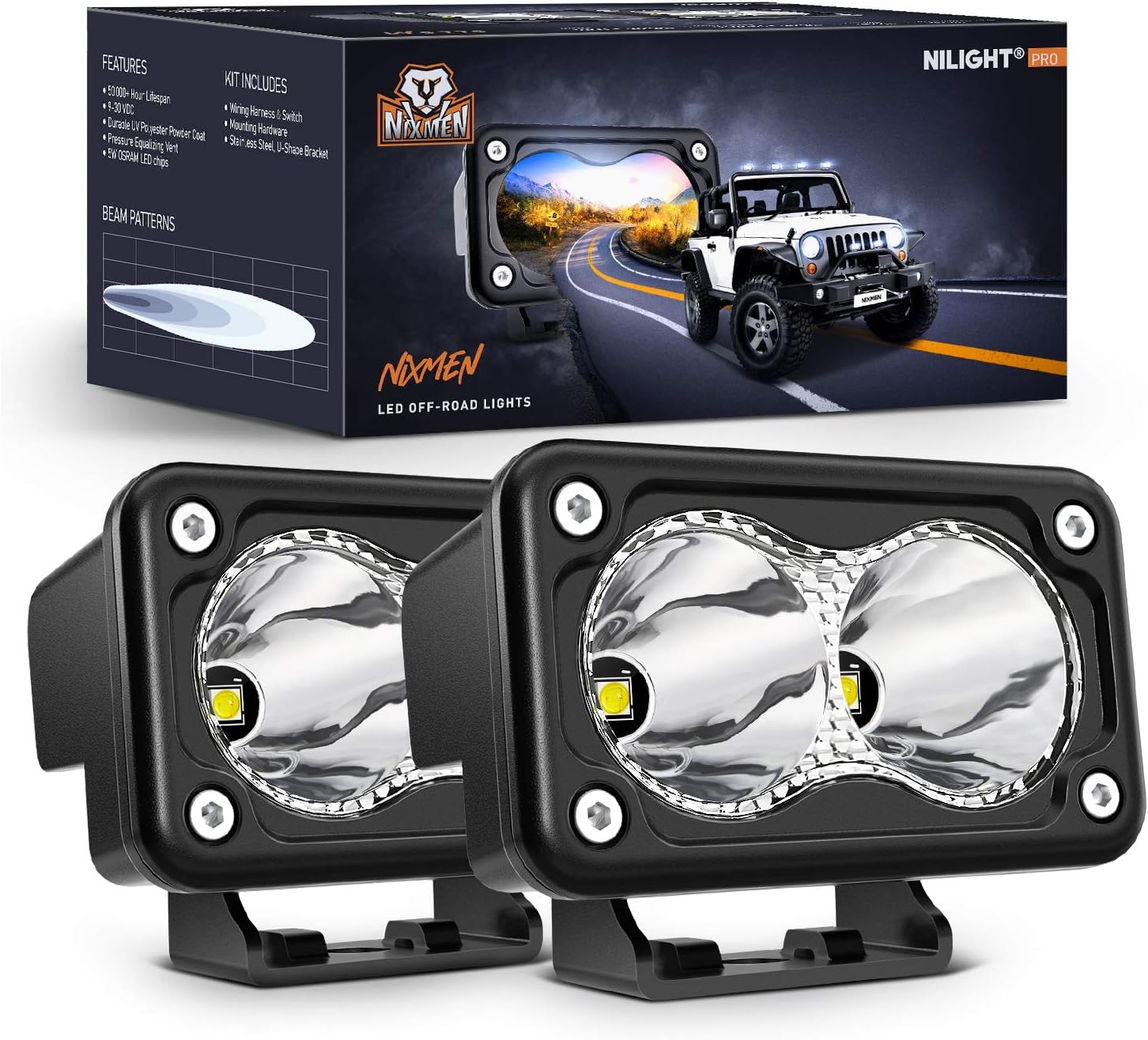Nilight 3 inch LED motorcycle pods front view