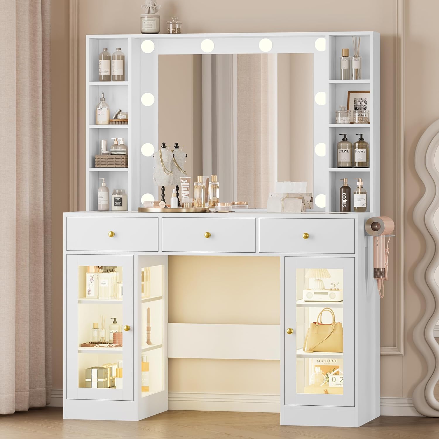 Wodeer makeup vanity desk with mirror and lights front view in a white bedroom setting
