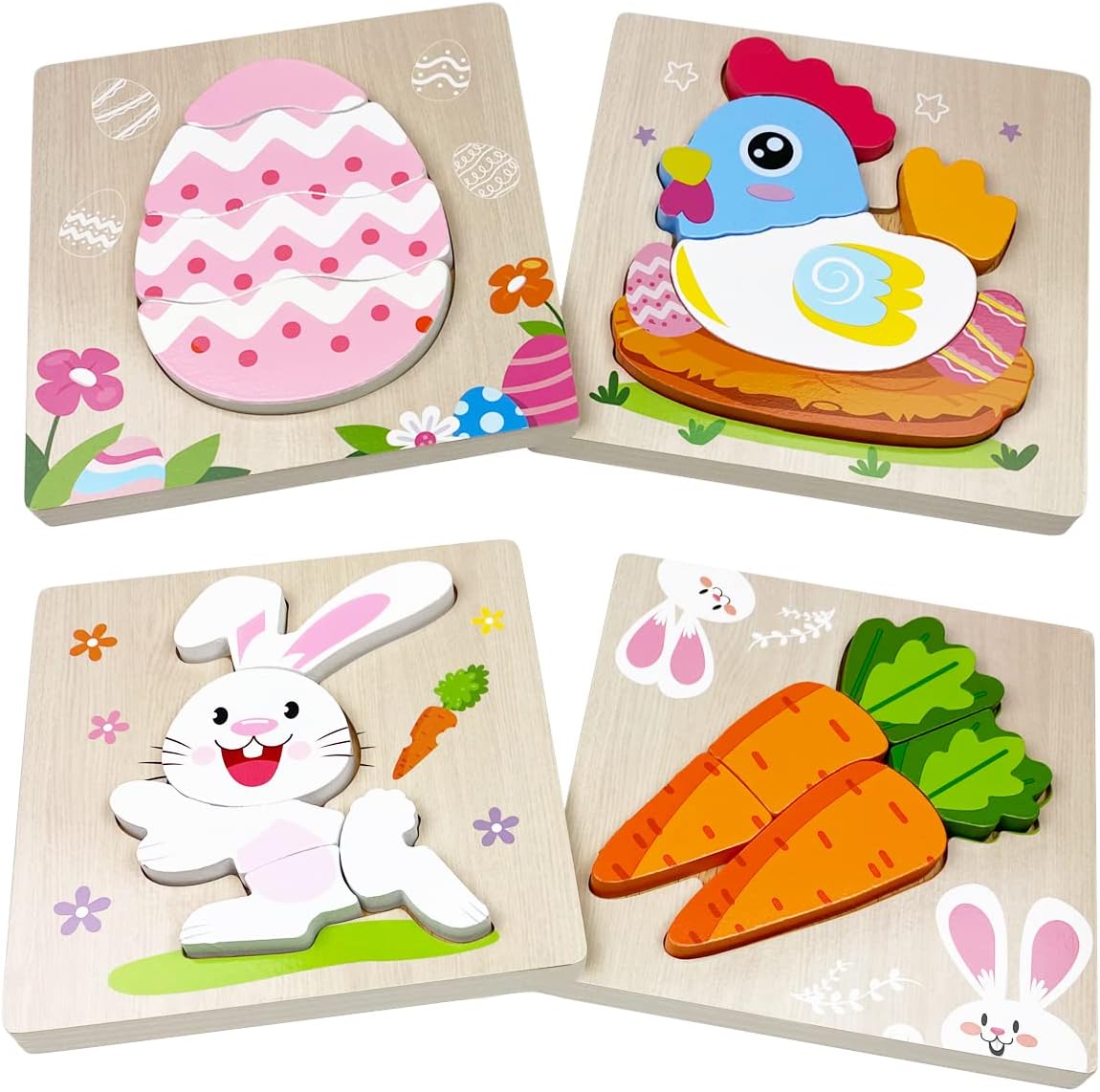 Anditoy Easter wooden puzzles four pack set showing festive holiday designs for toddlers front view