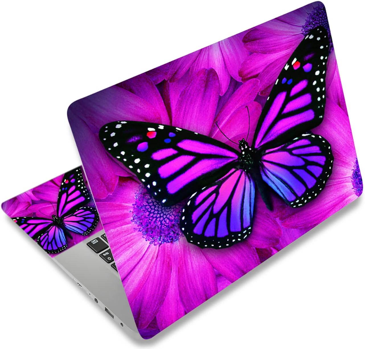 AUPET universal laptop skin protector front view displaying big purple butterfly design on a notebook lid