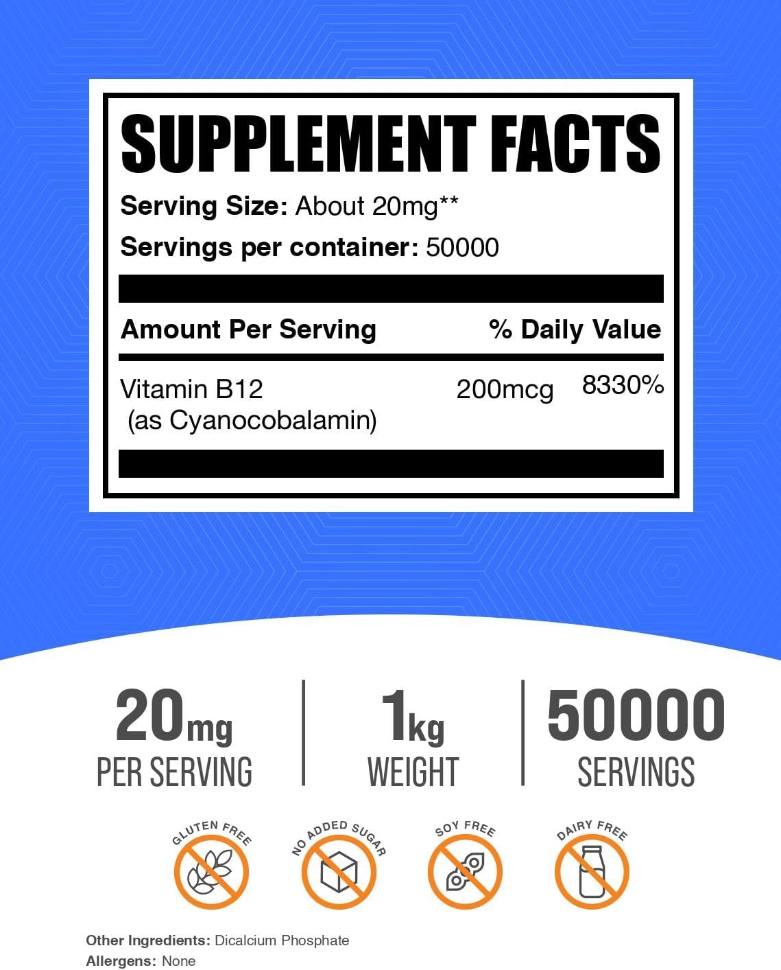 Sealed one kilogram pouch of BulkSupplements pure B12 powder for vegetarian nutrition.