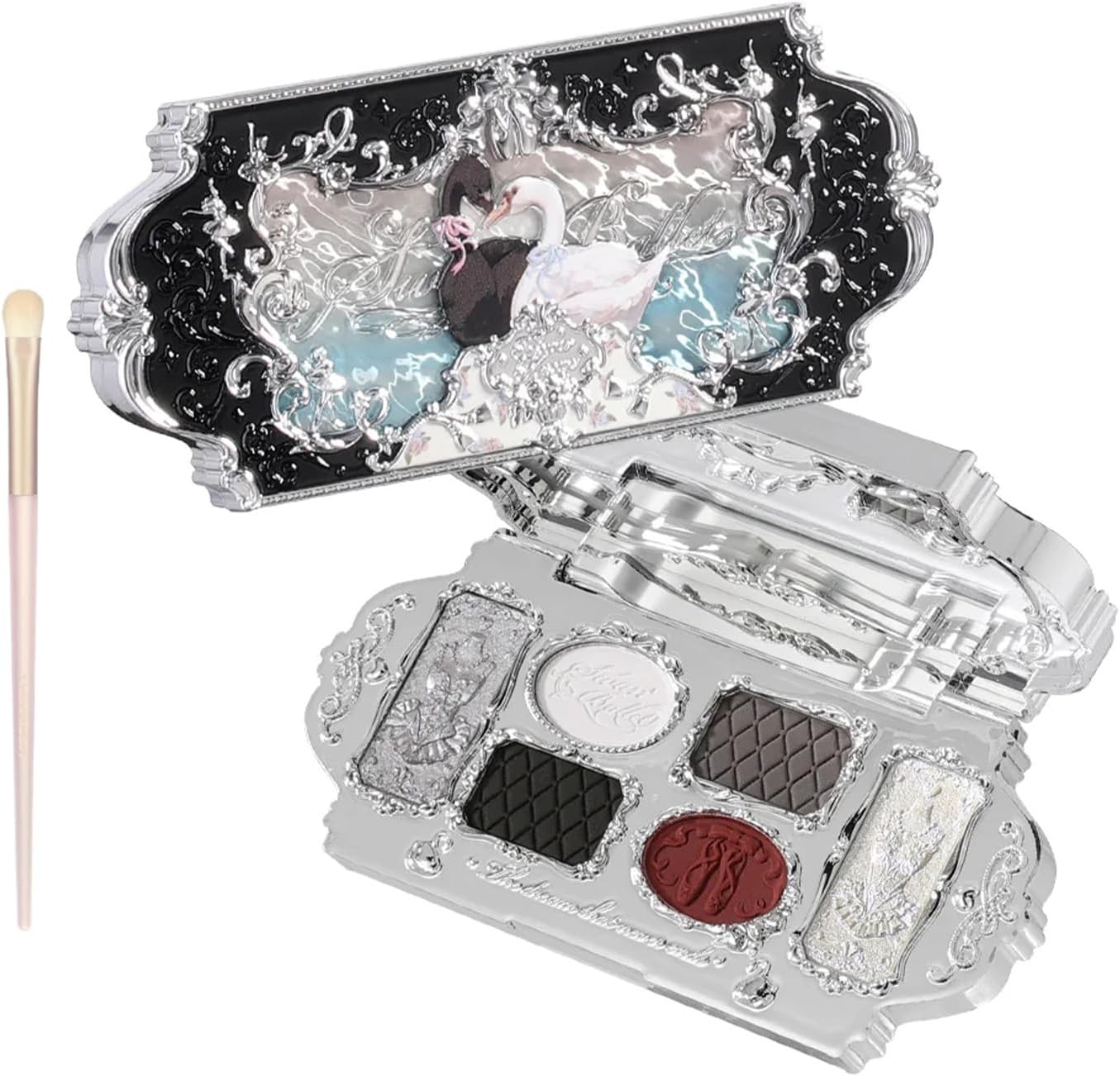 Flower Knows Swan Ballet Six-Color Makeup Palette front view of silver embossed compact.