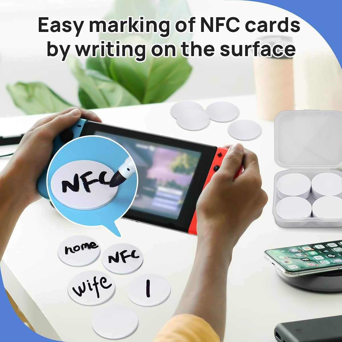 Side profile view showing thin profile of Catephe NFC tags