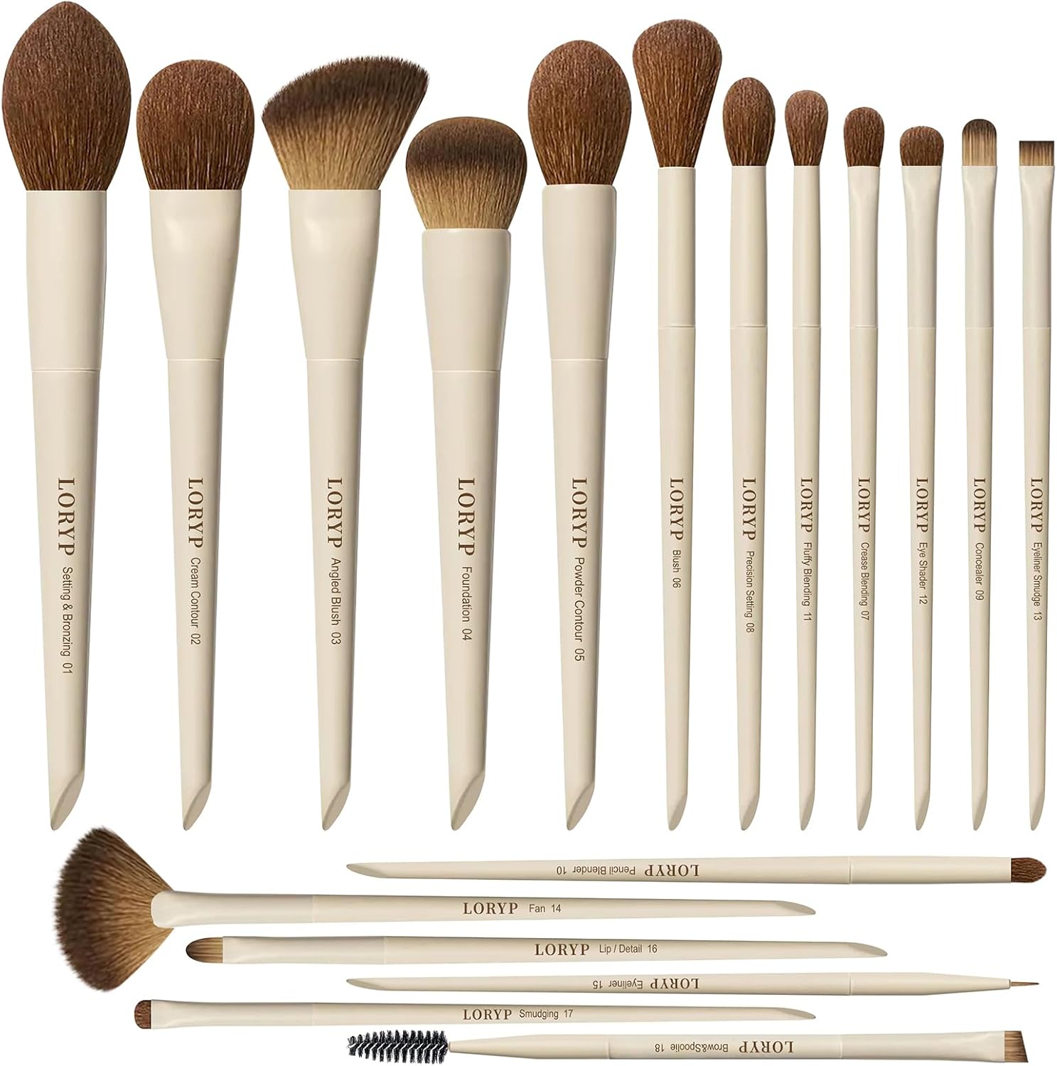 LORYP labeled 18 piece makeup brushes set front view displaying professional khaki face and eye tools