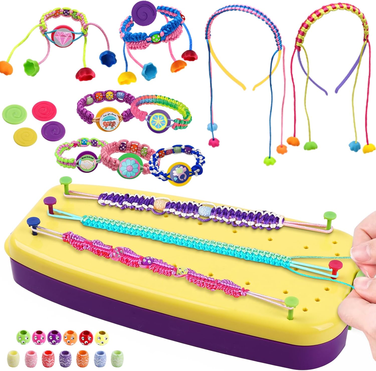 Vidibesty friendship bracelet making kit front view showcasing the yellow and purple crafting loom case.