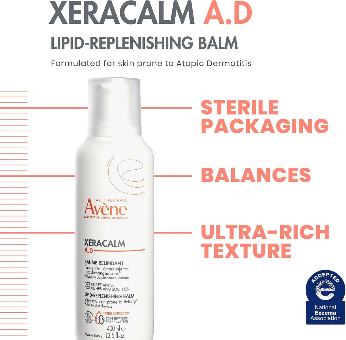 Avene XeraCalm Ad cream bottle showing eczema relief benefits