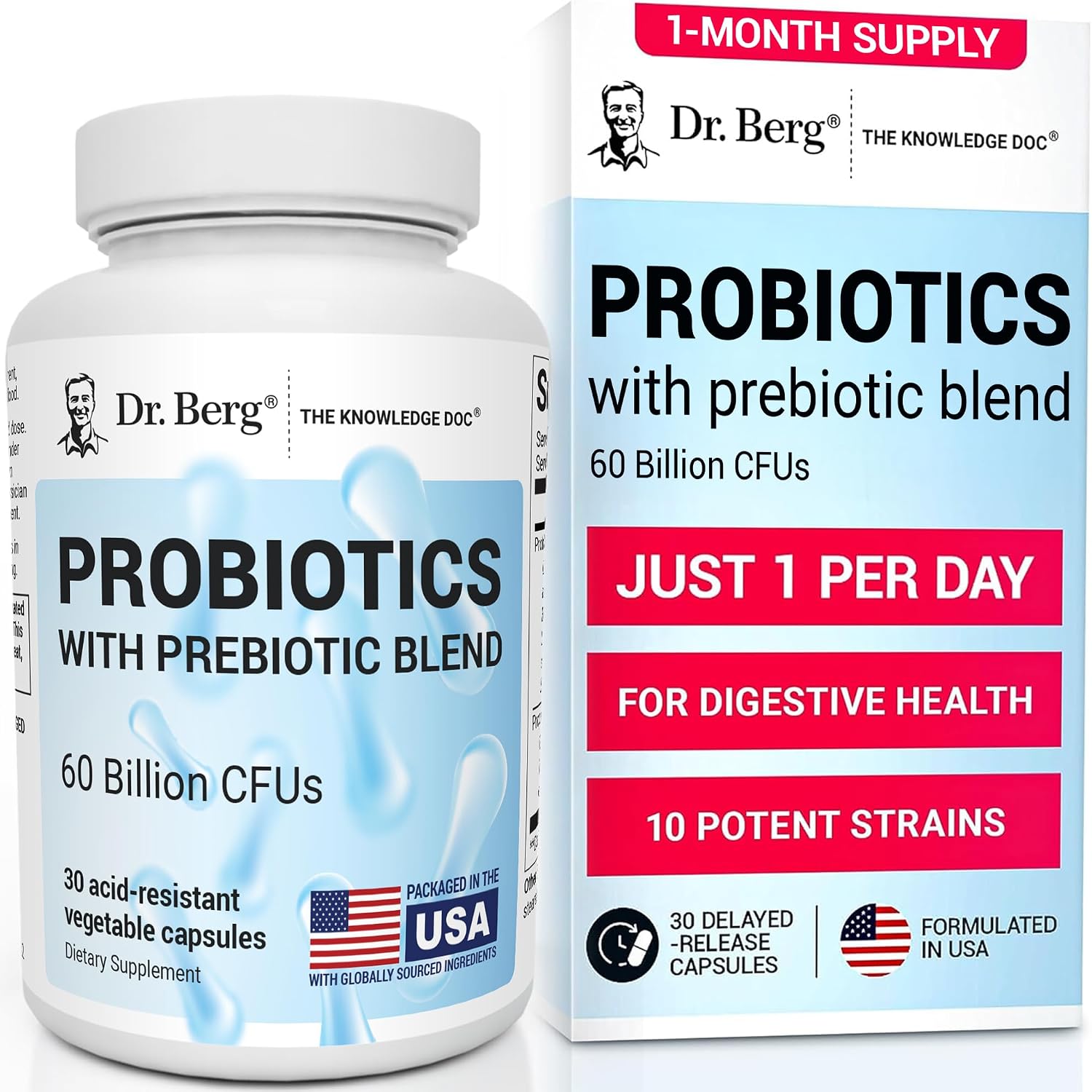 Dr. Berg Probiotic Supplement front view bottle showing sixty billion CFUs text