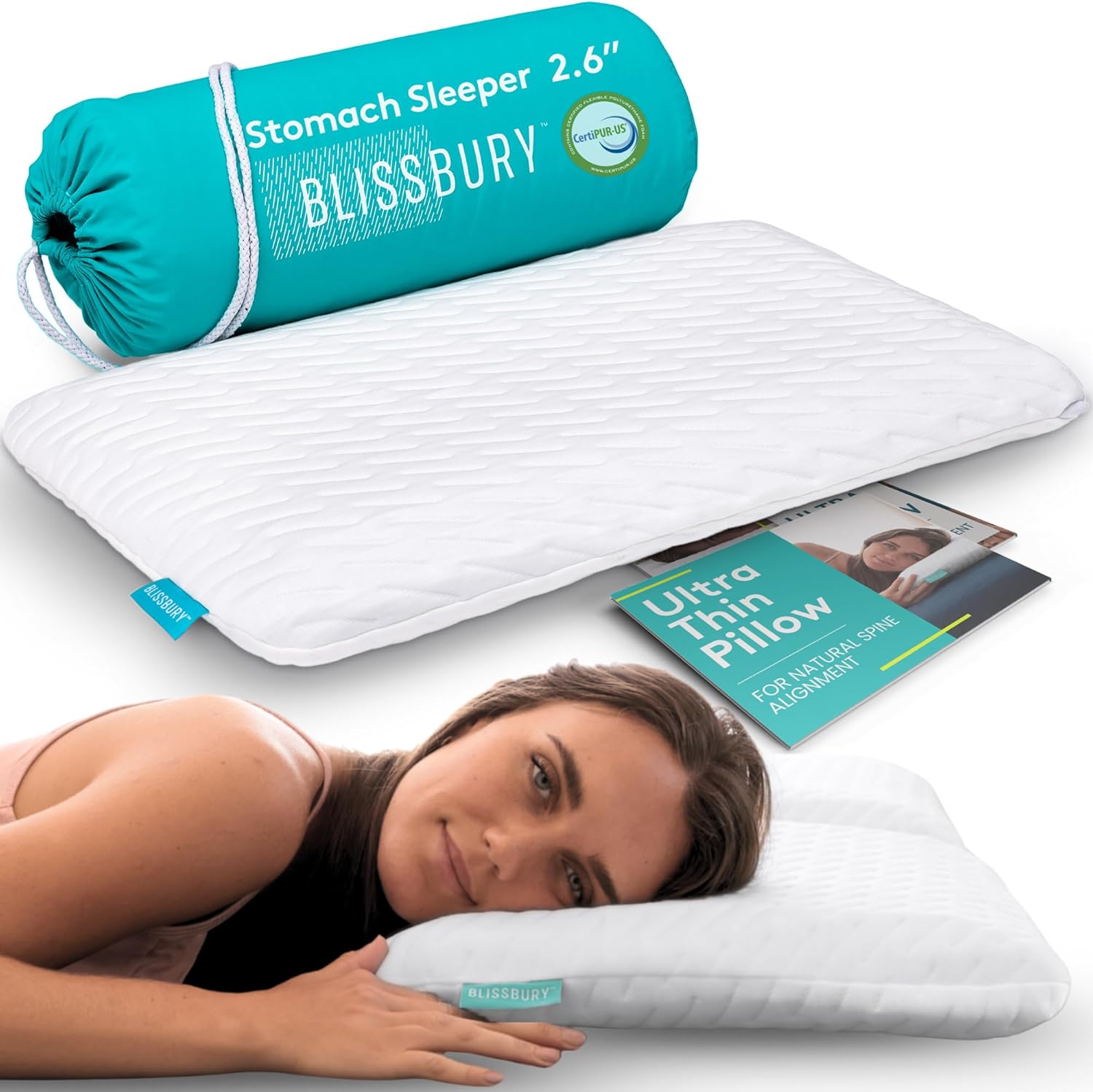 Blissbury stomach sleeping memory foam pillow side profile view